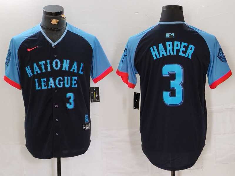 Mens Philadelphia Phillies #3 Bryce Harper Number Navy 2024 All Star Limited Stitched Jersey